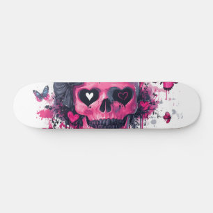 Pink Skull with Butterflies and Hearts Skateboard