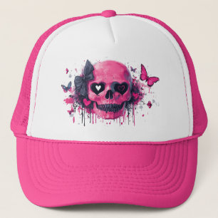 Pink Skull with Butterflies and Hearts Trucker Hat