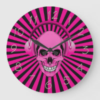 Pink Skull with Headphones Clock