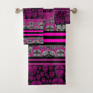 Pink Skulls And Stripes Bathroom Towel Set
