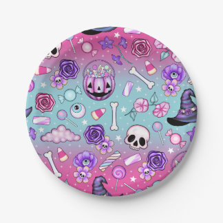 Pink Skulls & Candy Floral Halloween Paper Plates