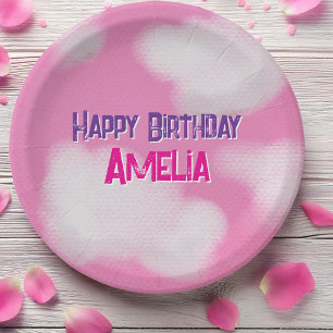 Pink sky and fluffy clouds Birthday Paper Plate