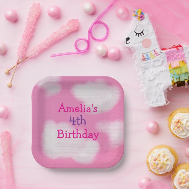 Pink sky and fluffy clouds Birthday Paper Plate (Party)