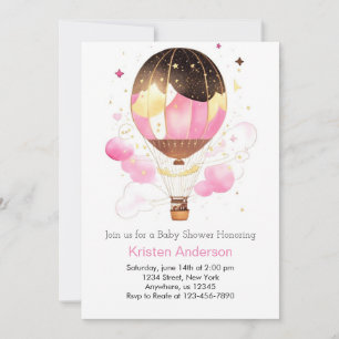 Pink Sky Balloon Adventure Girl Baby Shower Invitation