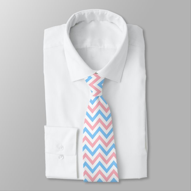 Pink, Sky Blue, White Large Chevron ZigZag Pattern Tie (Tied)