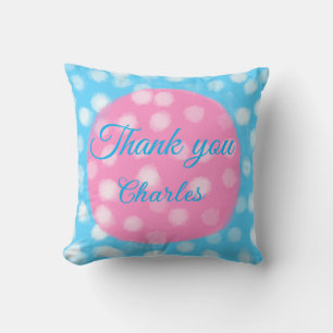 Pink sky blue white polka dots thank you add name  cushion