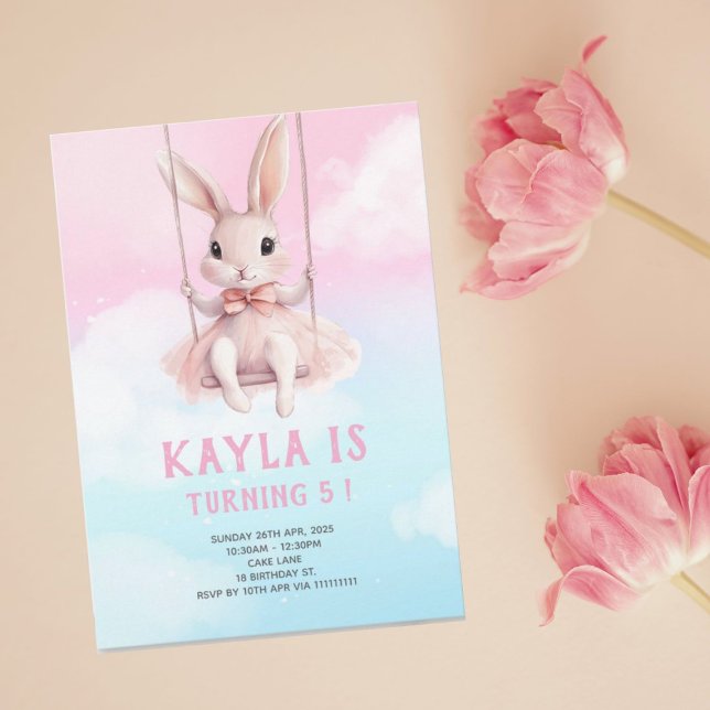 Pink Sky Bunny on Swing Birthday Invitation Easter (Creator Uploaded)