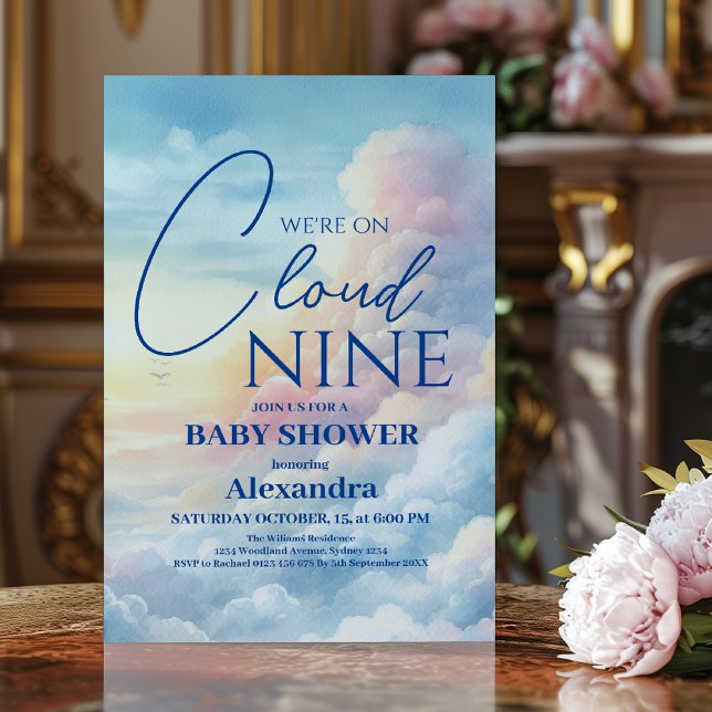 Pink Sky Cloud Nine Watercolor Baby Shower  Invitation (Creator Uploaded)