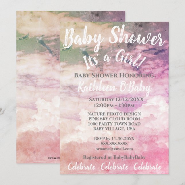 PINK SKY CLOUDS PHOTO BABY GIRL SHOWER INVITATION (Front/Back)