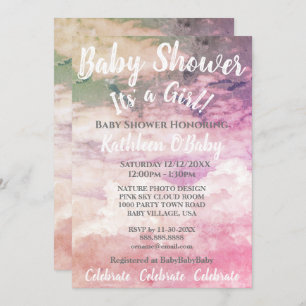 PINK SKY CLOUDS PHOTO BABY GIRL SHOWER INVITATION