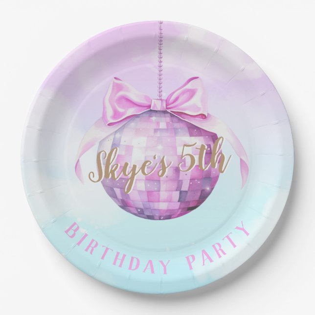 Pink Sky Discoball Girl Birthday Invitation  Paper Plate (Front)