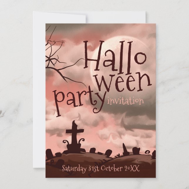 Pink Sky Halloween Graveyard Invitation (Front)