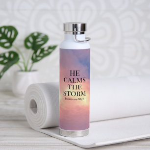 Pink Sky photo He Calms the Storm Bible Verse Water Bottle