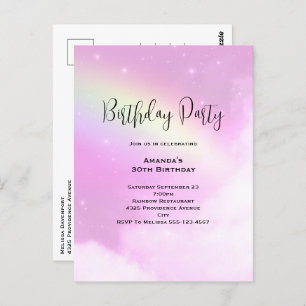 Pink Sky with Lemon Yellow Rainbow Birthday Invite Postcard