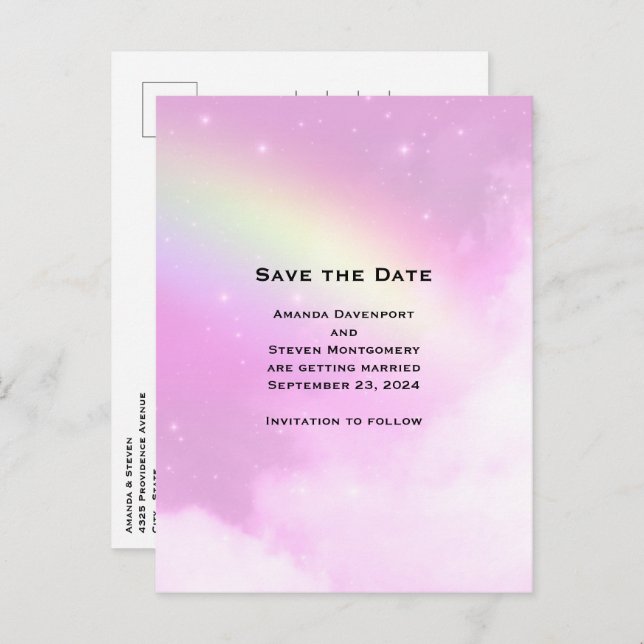 Pink Sky with Lemon Yellow Rainbow Save the Date Invitation Postcard (Front/Back)