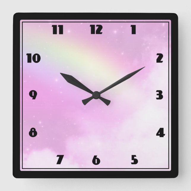 Pink Sky with Lemon Yellow Rainbow Square Wall Clock (Front)