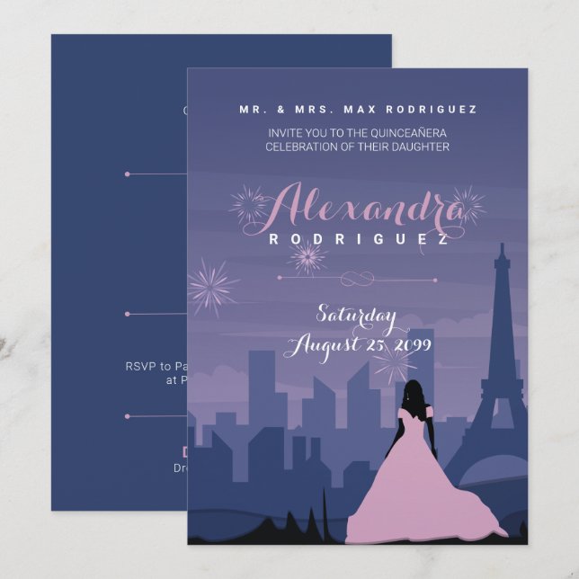 Pink & Slate Blue Paris Fireworks Quinceañera Invitation (Front/Back)