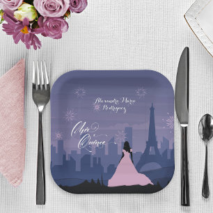 Pink & Slate Blue Paris Fireworks Quinceañera Tri- Paper Plate