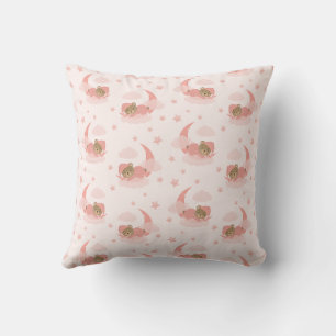 Pink Sleeping Baby Bear On Moon Clouds & Stars Cushion