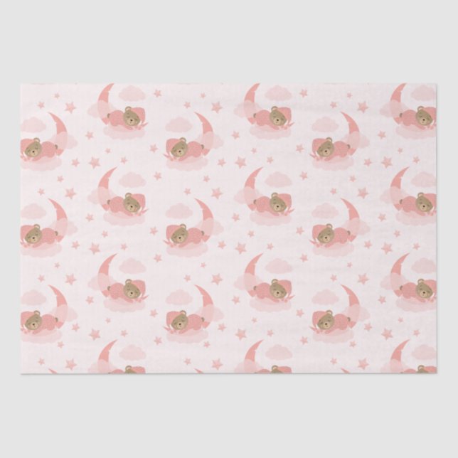 Pink Sleeping Baby Bear On Moon Clouds & Stars Tissue Paper (Front)