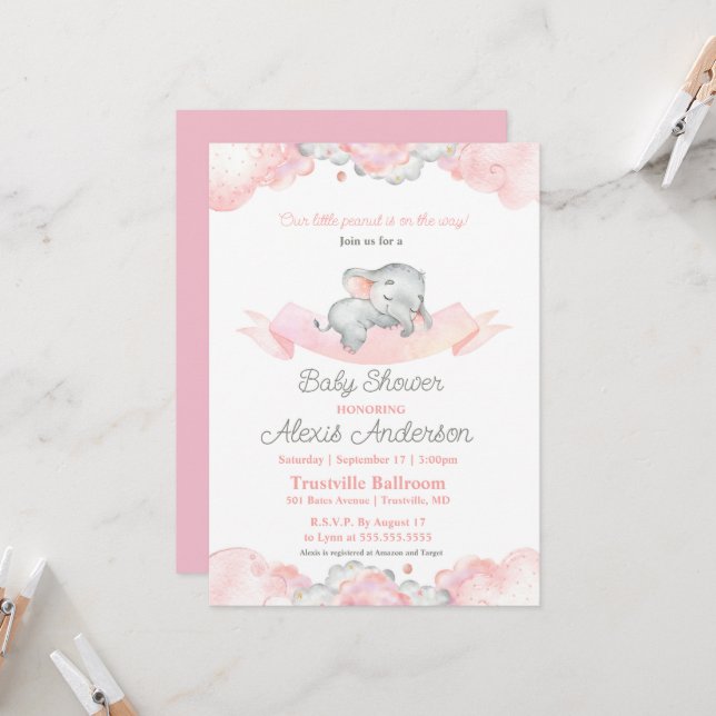 Pink Sleeping Baby Elephant Baby Shower Invitation (Front/Back In Situ)