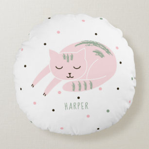 Pink Sleeping Cat Personalised Round Cushion