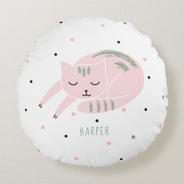 Pink Sleeping Cat Personalised Round Cushion (Front)