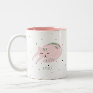 Pink Sleeping Cat Personalised Two-Tone Coffee Mug