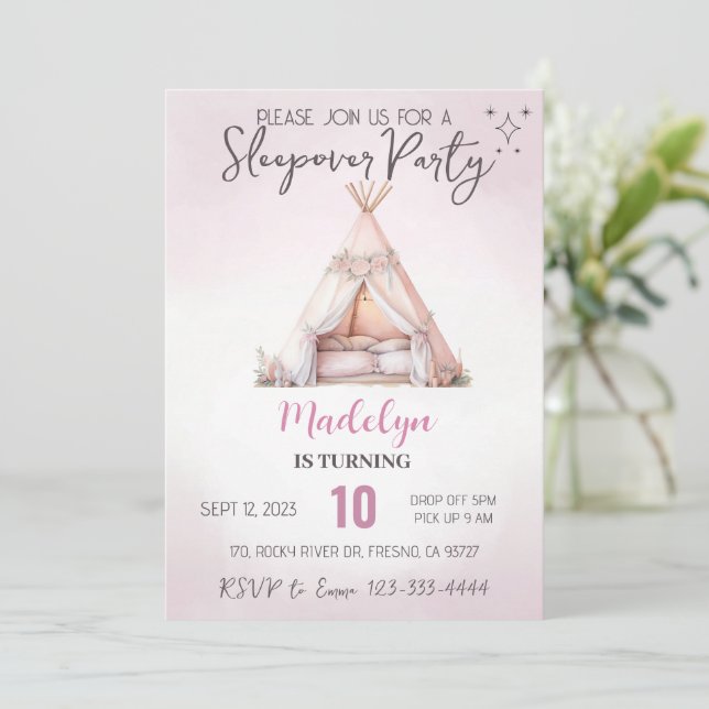 Pink Sleepover Boho Teepee Slumber Party Birthday  Invitation (Standing Front)