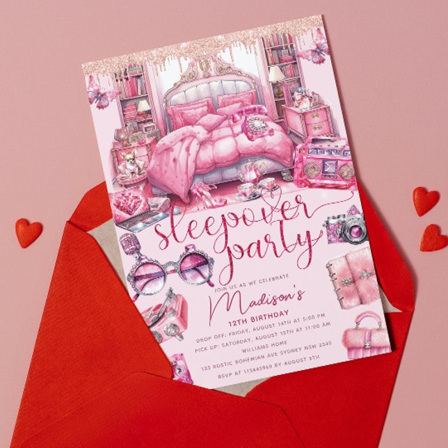 Pink Sleepover Girl Birthday Glitter  Invitation (Creator Uploaded)