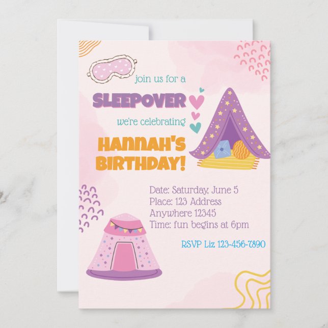 Pink Sleepover Tents Birthday Invitation (Front)