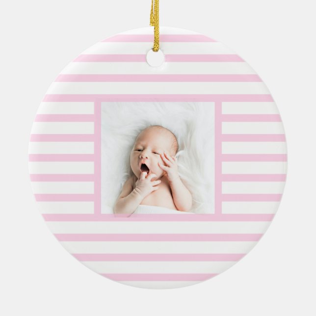 Pink Sleepy Baby Dino | Baby Pink Stripe Modern Ceramic Tree Decoration (Back)