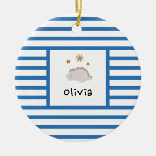 Pink Sleepy Baby Dino Navy Blue Stripe Modern Ceramic Tree Decoration