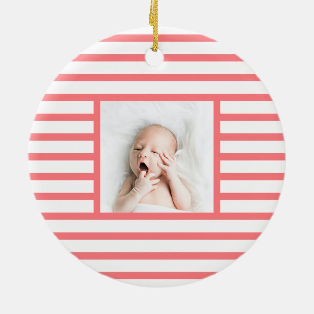 Pink Sleepy Baby Dino | Pink Stripe Modern Ceramic Tree Decoration (Back)