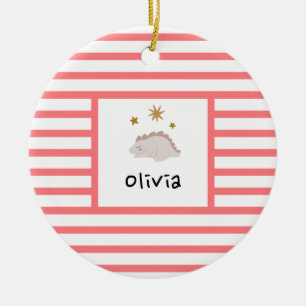 Pink Sleepy Baby Dino Red Stripe Modern Ceramic Tree Decoration