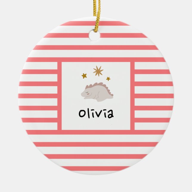Pink Sleepy Baby Dino | Red Stripe Modern Ceramic Tree Decoration (Front)