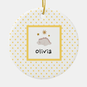 Pink Sleepy Baby Dino   Yellow Polka Dot Modern Ceramic Tree Decoration
