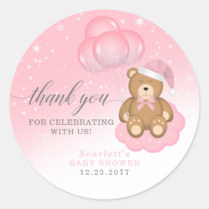 Pink Sleepy Bear Balloon Thank You Baby Shower Classic Round Sticker