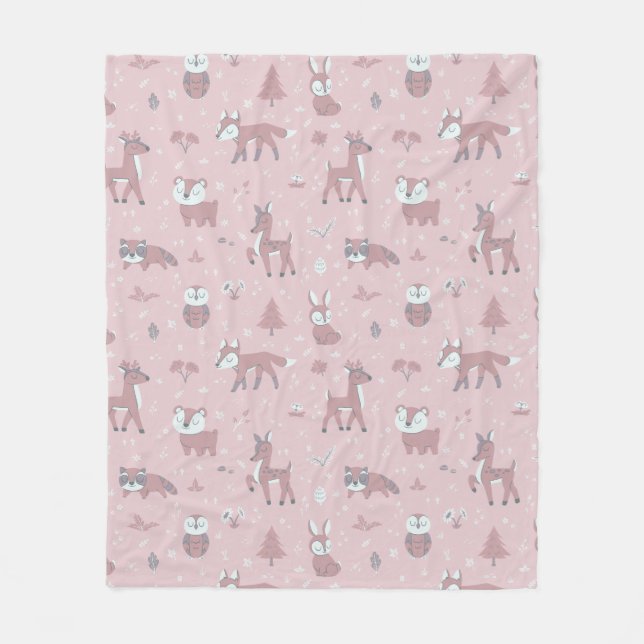 Pink Sleepy Little Woodland Critters Fleece Blanket (Front)