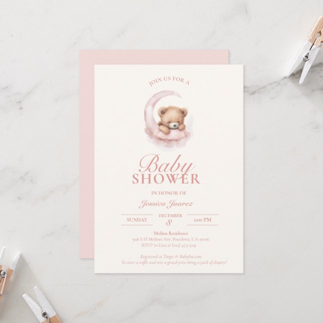 Pink Sleepy Teddy Bear Baby Shower Invitation (Front/Back In Situ)