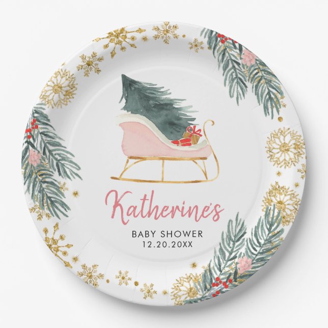 Pink Sleigh Baby Shower Little Bundle of Joy Paper Plate (Front)