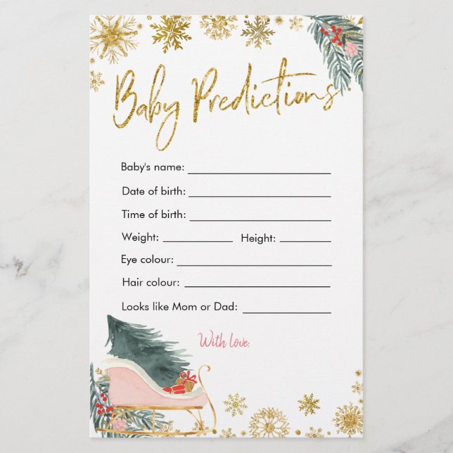 Pink Sleigh Christmas Baby Shower Baby Prediction (Front)