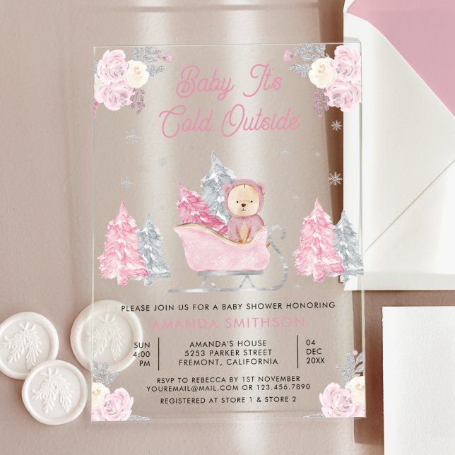 Pink Sleigh Cute Teddy Bear Baby Shower Acrylic Invitations (Creator Uploaded)