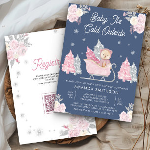 Pink Sleigh Cute Teddy Bear Dusty Blue Baby Shower Invitation