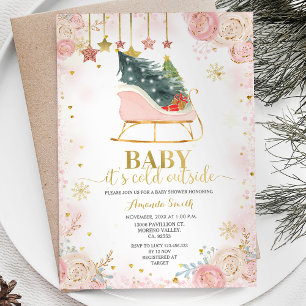 Pink Sleigh Floral Winter Baby Shower Invitation