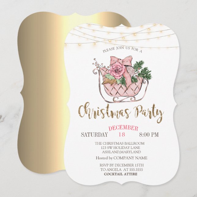 Pink Sleigh, Lights Gold Christmas Company Invitation (Front/Back)