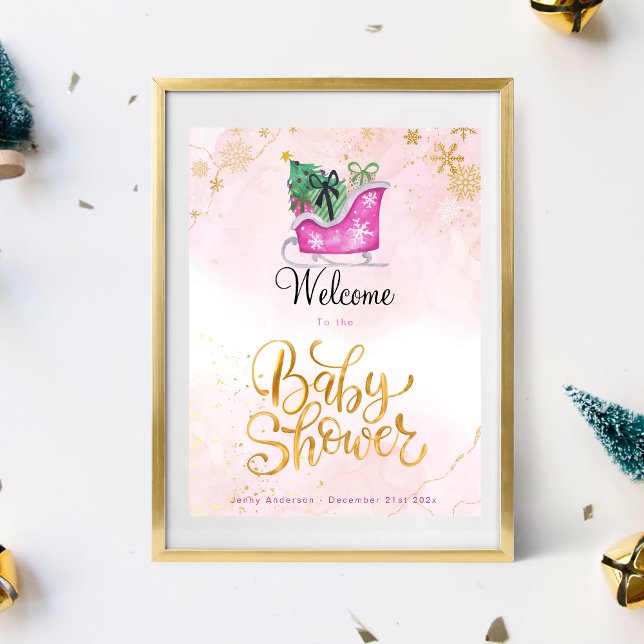 Pink Sleigh Winter Baby Shower Welcome Poster (Creator Uploaded)