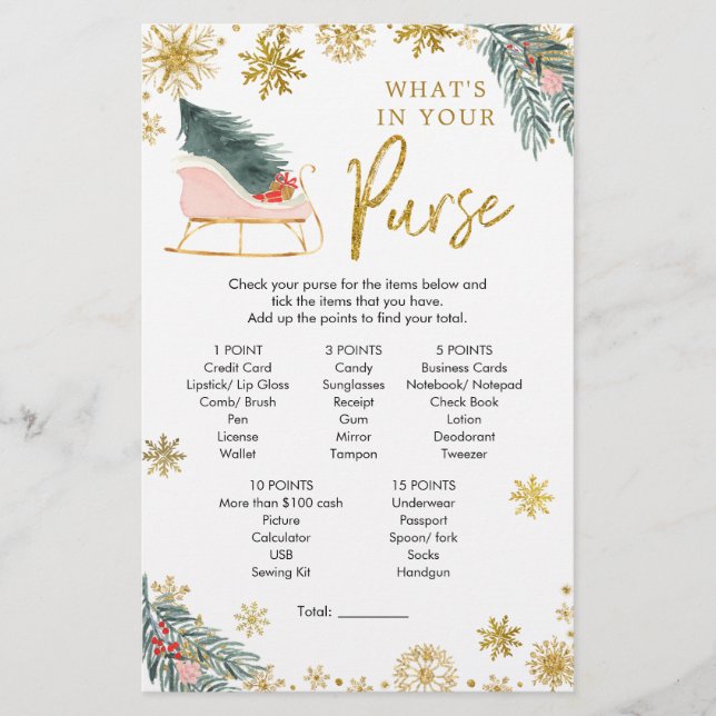 Pink Sleigh Winter Baby Shower What In Your Purse (Front)