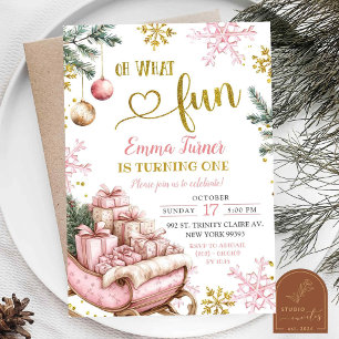 Pink Sleigh Winter First Birthday  Invitation