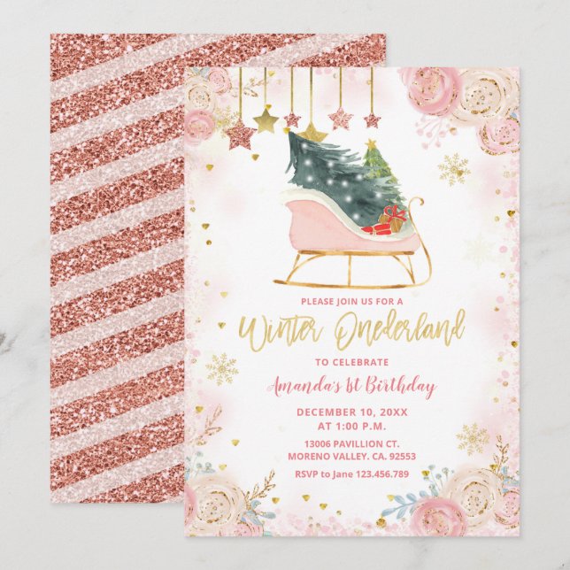  Pink Sleigh Winter Onederland Birthday Invitation (Front/Back)
